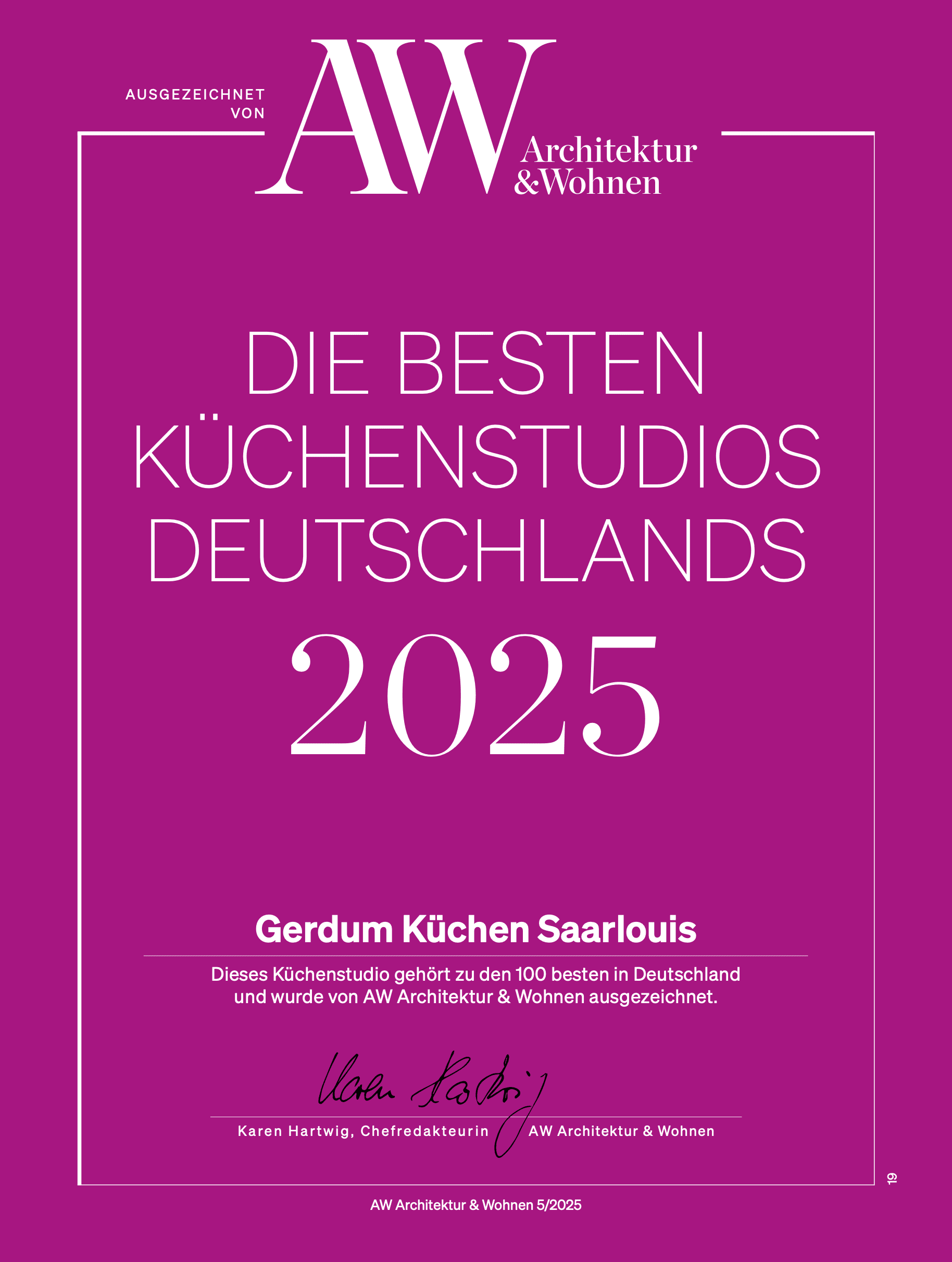 Urkunde: Gerdum Küchen Saarlouis gehört zu den 100 besten Küchenstudios Deutschlands 2025, ausgezeichnet von AW Architektur & Wohnen