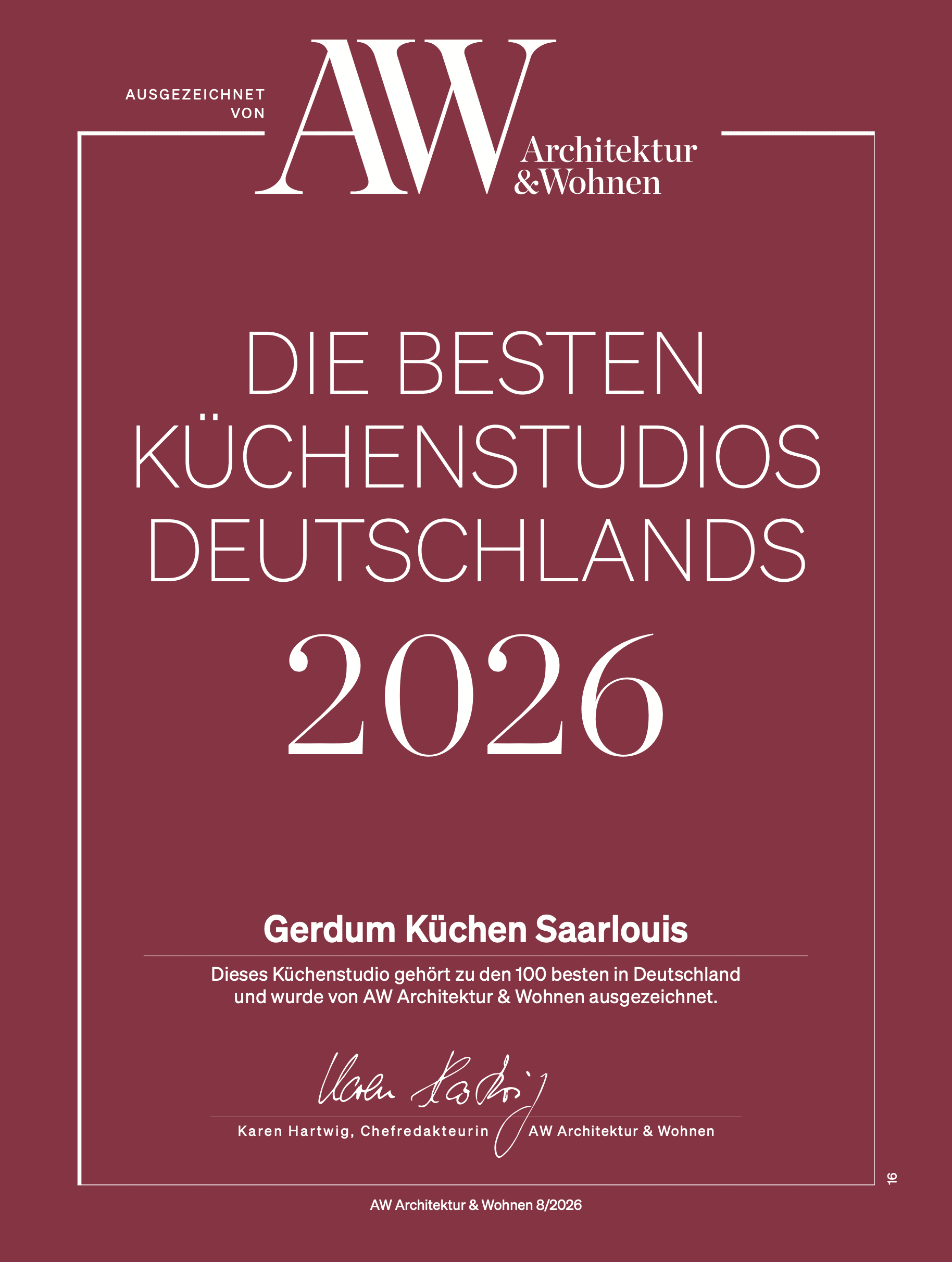 Urkunde: Gerdum Küchen Saarlouis gehört zu den 100 besten Küchenstudios Deutschlands 2026, ausgezeichnet von AW Architektur & Wohnen