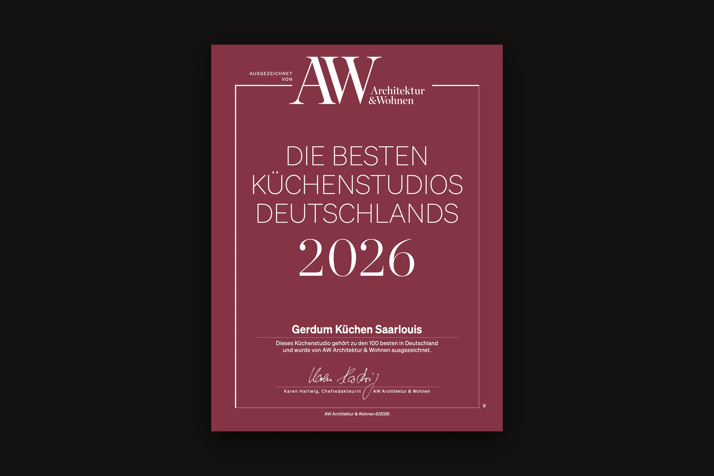 Urkunde von A&W Architektur & Wohnen: Die besten Küchenstudios Deutschlands 2026, Gerdum Küchen Saarlouis